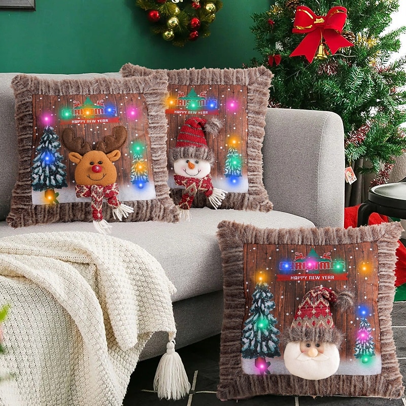 Christmas Pillow Cover with Light Plush Santa Claus and Snowman Cushion Case for Living Room Sofa Holiday Decoration Festive Christmas Party Home Cozy Accessory