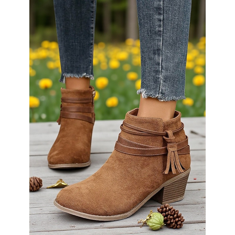Women's Brown Ankle Boots with Tassel Straps – Casual Western Style Faux Suede Low Heel Booties for Fall, Streetwear and Daily Outfits
