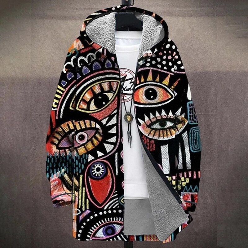 Men Graphic Winter Coat Fleece Jacket Coat Thermal Warm Comfortable Casual Casual Daily Wear Zipper Pocket 3D Print Fall Winter Hooded Long Sleeve Black Red Brown2