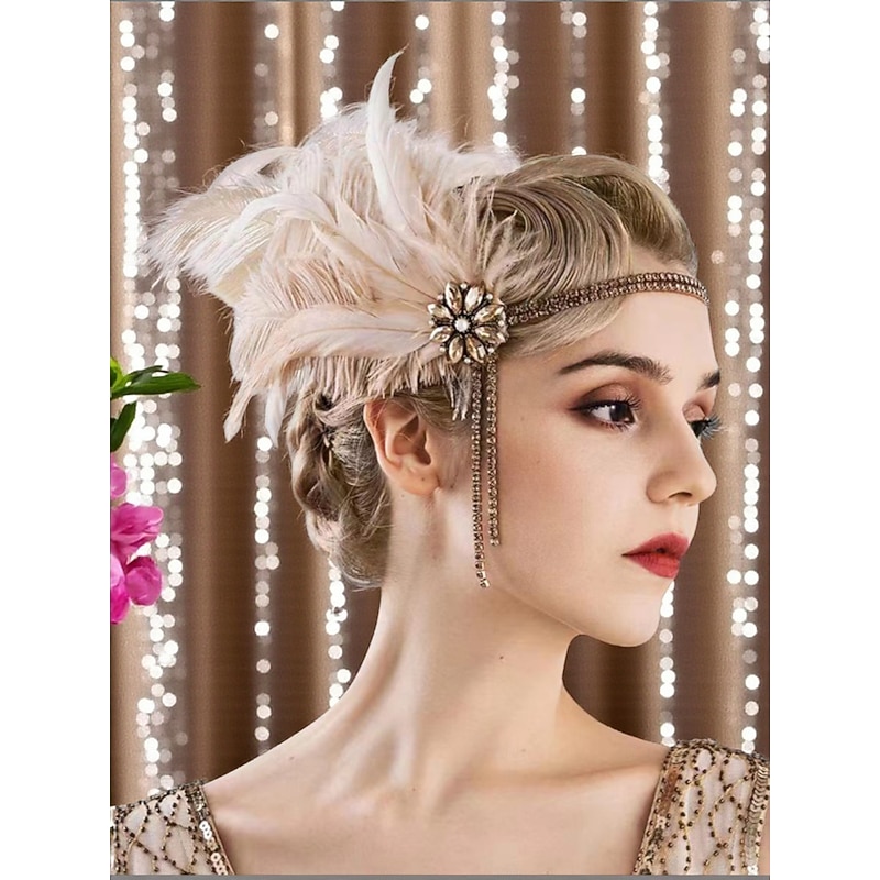 Women's 1920s Feather Headband with Rhinestone Flower - Vintage Gatsby Party Flapper Hair Accessory