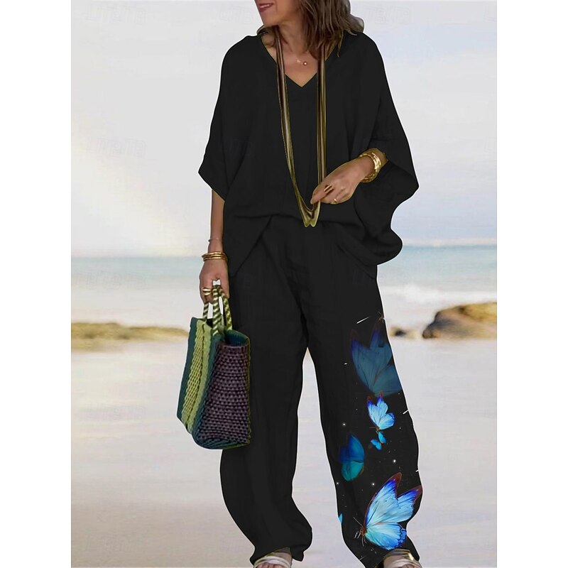 Women's Vacation Fashion Pants Sets 3/4 Length Sleeve V Neck Butterfly Print Vacation Daily Holiday Black Purple Khaki Summer Regular Fit2