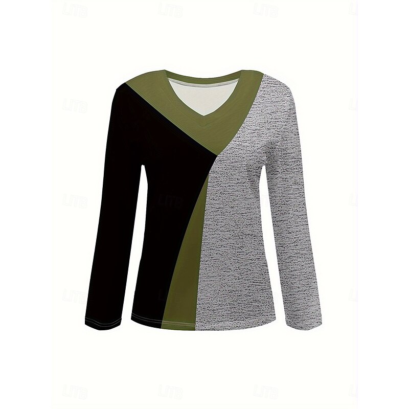 Women's T Shirt Graphic Geometric Color Block Vintage Stylish Classic Long Sleeve V Neck Regular Tops Daily Print Sage Green Spring Fall Winter2