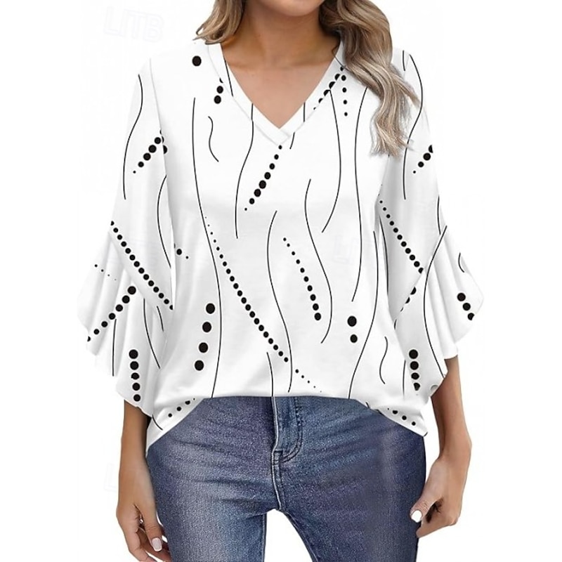 Valentine's Day Women's Blouse Bohemia Fashion Trendy 3/4 Length Sleeve V Neck Regular Tops Daily Party Outfits Date Night Outfits Black White Pink Red Blue Spring Fall