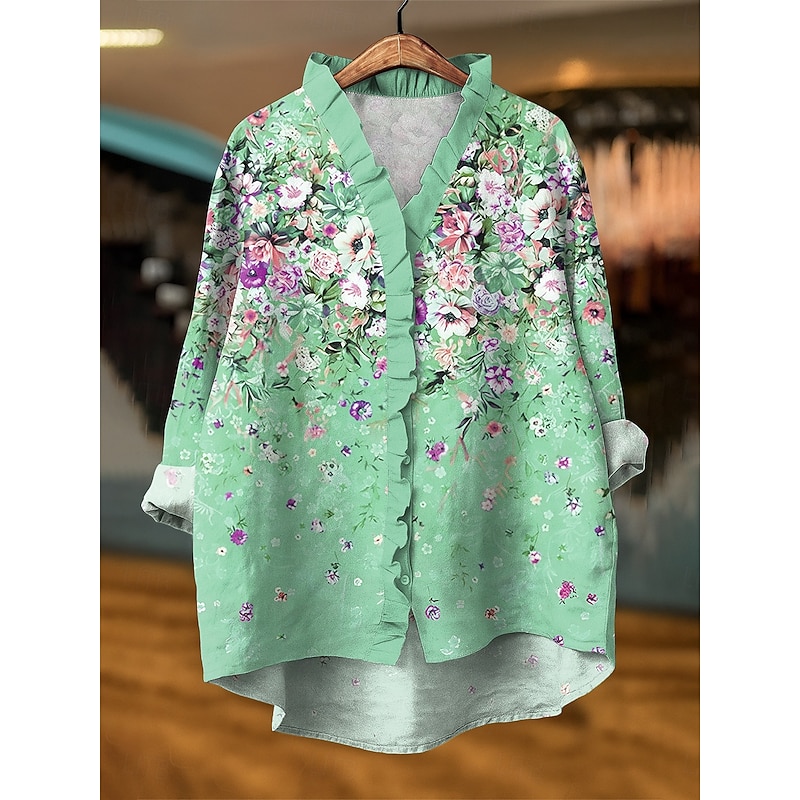 Women's Blouse Floral Graphic Elegant Active Vintage Long Sleeve V Neck Daily Holiday Going out Ruffle Yellow Blue Purple Green Summer Spring Fall