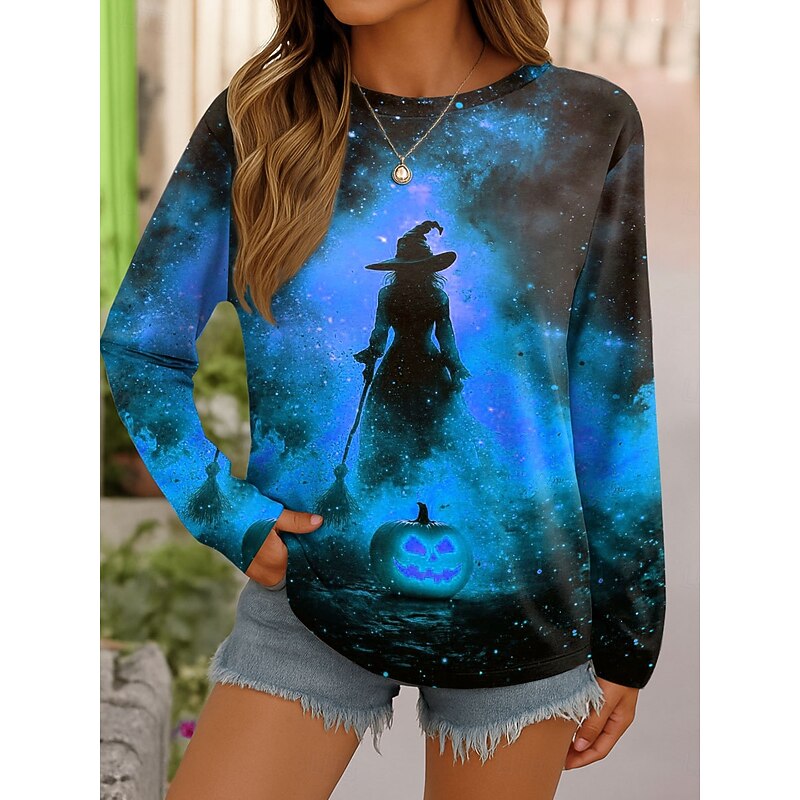 Halloween Women's T shirt Witch Graphic Vintage Fashion Stylish Long Sleeve Crew Neck Round Neck Regular Tops Weekend Print Blue Purple Orange Green Spring Fall2