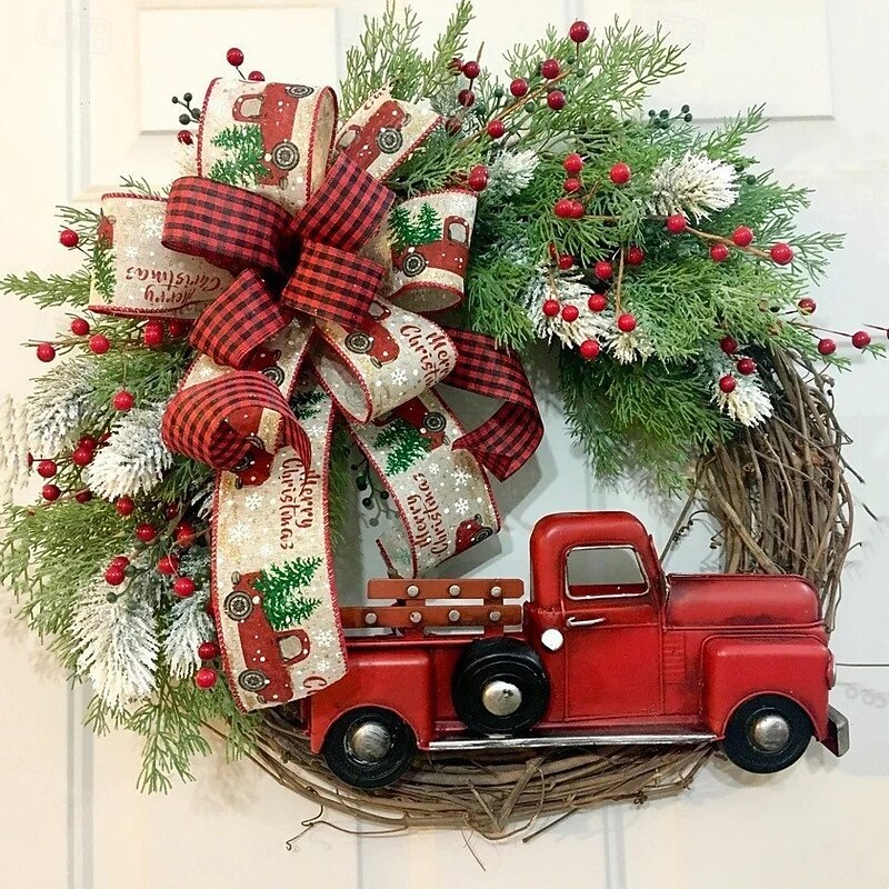 Christmas Red Truck Door Hanging Farmhouse Style Red Truck Wreath Festive Holiday Christmas Wreath Decoration Perfect Rustic Home Seasonal Ornament4