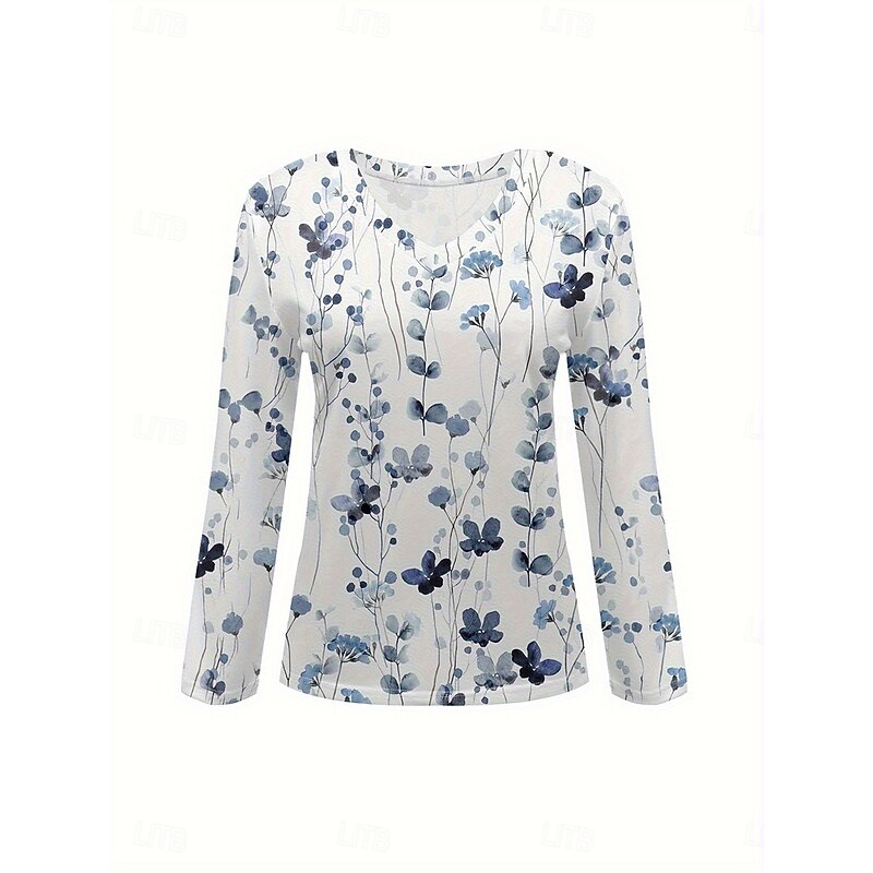 Women's T Shirt Floral Graphic Plants Vintage Stylish Classic Long Sleeve Crew Neck V Neck Round Neck Regular Tops Daily Print Blue Spring Fall Winter2
