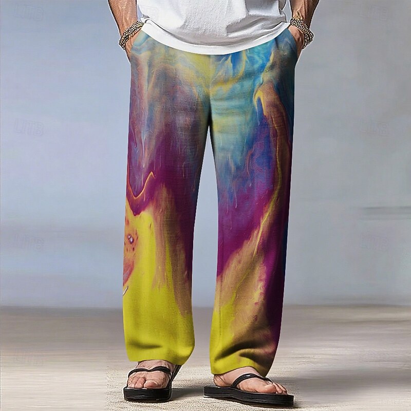 Men's Gradient Color Abstract Art Pants Trousers Casual Pants Mid Waist Drawstring Elastic Waist Bohemian Vintage Retro Outdoor Vacation Casual Straight Leg Trousers Spring Fall 3D Print Yellow Blue2