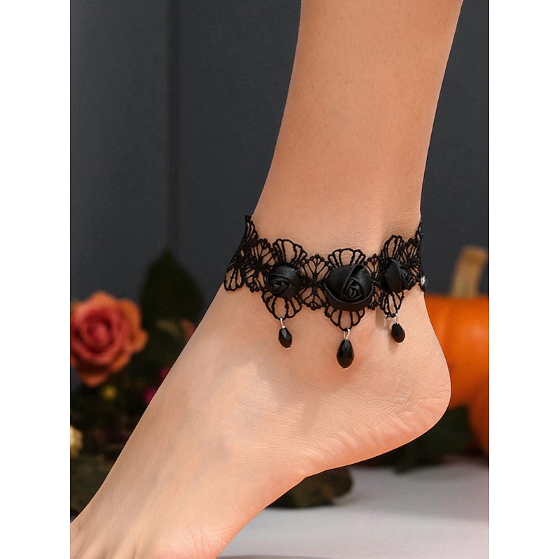 Women's Black Lace Rose Ankle Bracelet with Dangling Beads, Gothic Foot Jewelry for Halloween Parties