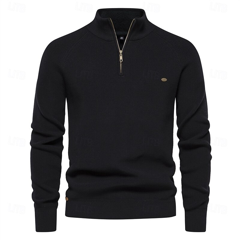 Men's Pullover Knit Regular Tops Half Zip Plain Standing Collar Cool Pullover School Vacation Clothing Apparel Spring Fall Black Dark Navy S M L2