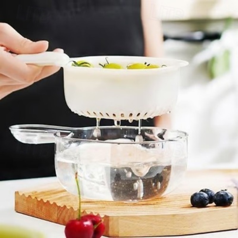 3pcs Kitchen Dual-Layer Draining Basket with Handle – Food-Grade Thickened Strainer for Washing Fruits and Vegetables, Multi-Functional Kitchen Basket4