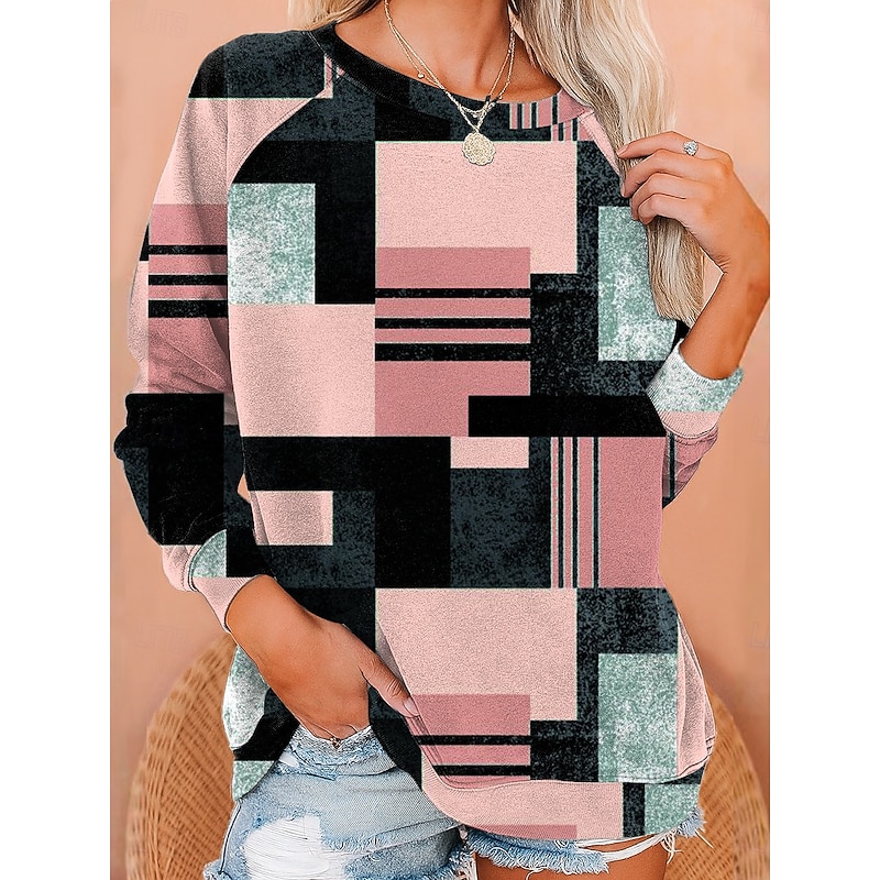 Women's Sweatshirts Graphic Geometric Fashion Casual Long Sleeve Crew Neck Regular Tops Casual Print Pink Blue Purple Green Summer Spring Fall