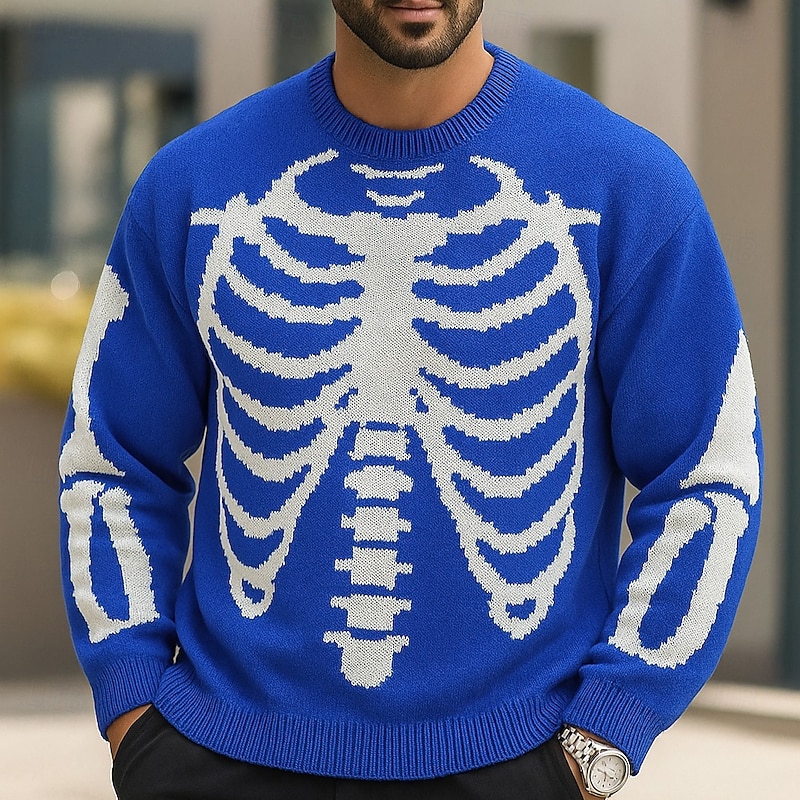 Halloween Men's Bone Skeleton Pullover Sweater Jumper Knitwear Crewneck Casual Vacation Home Street 3D Print Knitting Keep Warm Long Sleeve Spring Fall Winter Black Blue2