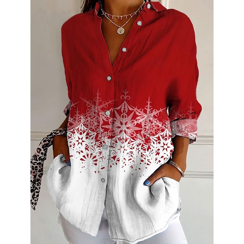 Christmas Women's Shirt Graphic Snowflake Elegant Bohemia Vintage Long Sleeve Shirt Collar Regular Tops Work Daily Buttons Print Yellow Red Blue Purple Green Summer Spring Fall Winter - Main Image