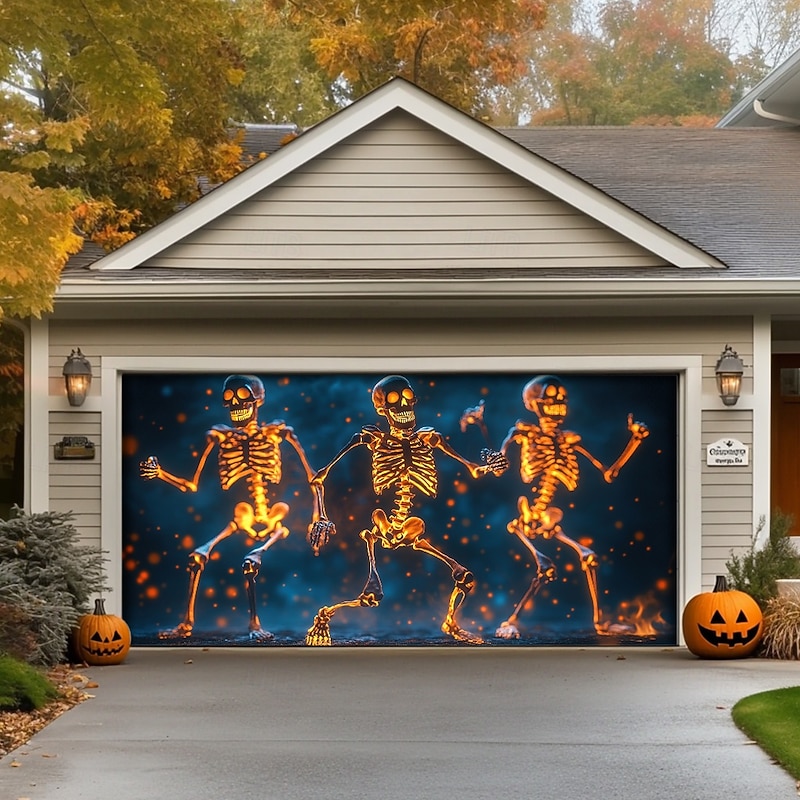Halloween Garage Door Cover Large Hanging Backdrop Skeleton 3D Funny Dark Punk Gothic Style Party Outdoor Shooting Backgrounds Front Door Home Decor2