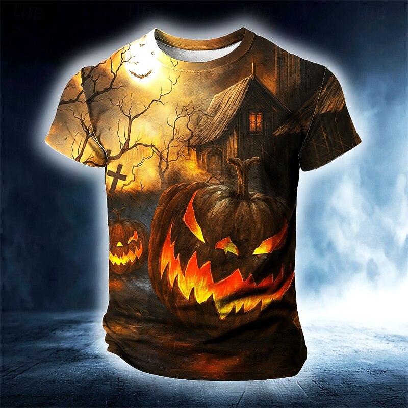 Halloween Men's Pumpkin 3D T Shirt Short Sleeve T shirt 3D Print Crew Neck Shirt Exaggerated Designer Horror Party Street Holiday Black Summer Spring All Seasons Clothing Apparel S M L XL XXL XXXL