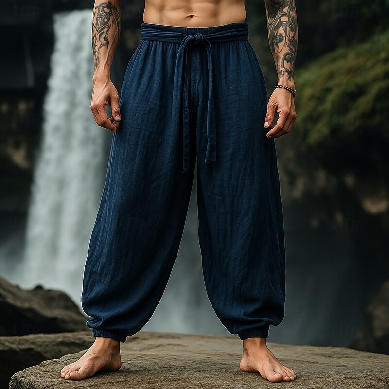 Men's Linen Pants Summer Pants Baggy Pants Elastic Cuff Plain Comfort Breathable Knee Length Outdoor Casual Daily Vacation Vintage Army Green Red Inelastic4