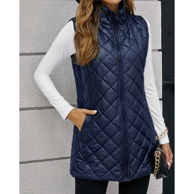 Women's Vest Warm Comfortable Zipper Pocket Casual Plain Going out Weekend Zipper Long Turndown Regular Fit Sleeveless Outerwear Navy Black Brown Fall Winter