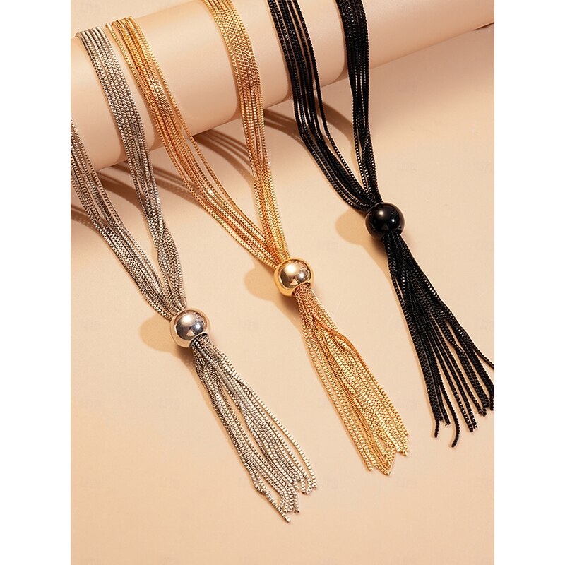 Women's Gold Tassel Pendant Necklace - Multi-Strand Chain Choker with Polished Bead Accent for Evening Wear and Party Outfits4
