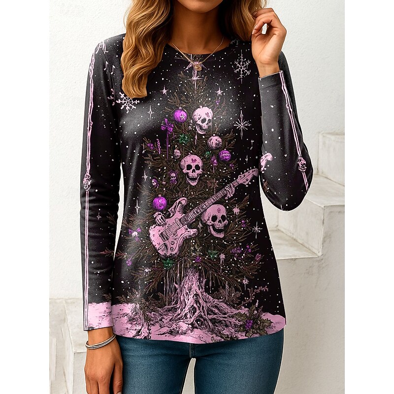 Christmas Women's T Shirt Graphic  Tree Vintage Fashion Stylish Long Sleeve Crew Neck Regular Tops Daily Print Pink Blue Green Beige Fall Winter4