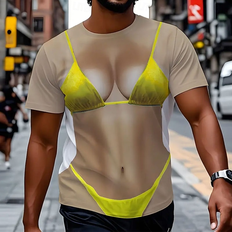 Men's Optical Illusion 3D T Shirt Short Sleeve T shirt 3D Print Crew Neck Shirt Exaggerated Designer Party Daily Holiday Yellow Summer Spring All Seasons Clothing Apparel S M L XL XXL XXXL