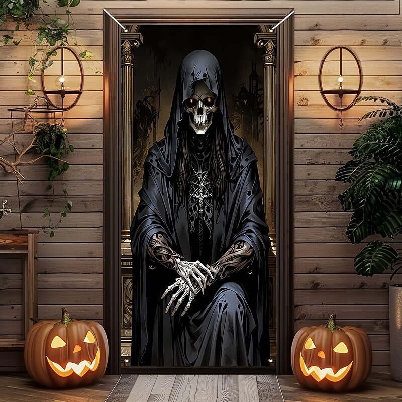 Halloween Door Cover Outdoor Banners Skeleton Stone Stairway 3D Dark Punk Gothic Style Party Outdoor Shooting Backgrounds Front Door Wall Porch Home Decor4