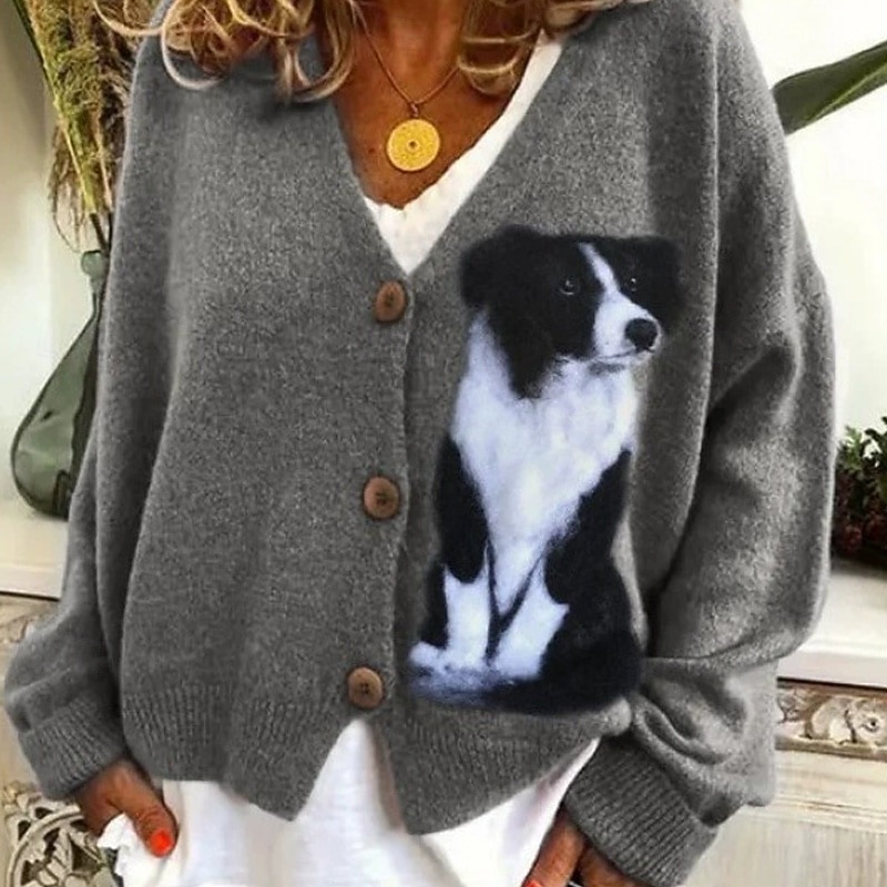 Women's Sweater Fashion Graphic Animal Ribbed V Neck Knitted Long Sleeve Regular Tops Knit Holiday Going out Weekend Black Pink Winter