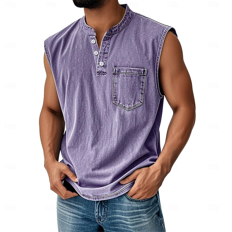 Men's Tank Top Vest Top Undershirt Sleeveless Shirt Cotton Sleeveless Henley Summer Plain Fashion Designer Basic Pocket Buttons Vacation Street Going out Black Light Green Pink Top Tee for Men