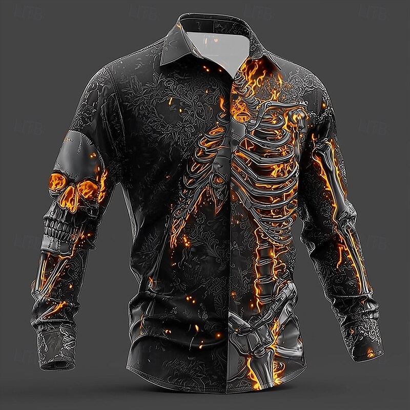 Halloween Men's Skull Flame Skeleton Shirt Button Up Shirt Long Sleeve Dark Punk Gothic Style Outdoor Holiday Summer Spring Turndown 3D Print Collared Shirts Black 1 Black2