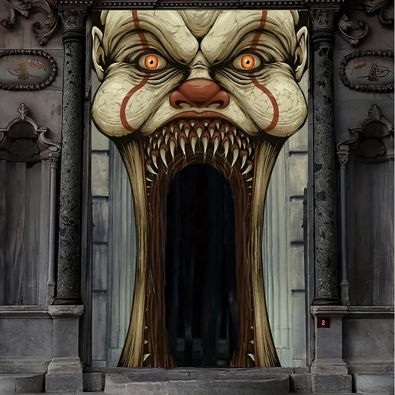 Halloween Door Cover Outdoor Banners Clown Psychedelic Dark Punk Gothic Style Party Outdoor Shooting Backgrounds Front Door Wall Porch Home Decor