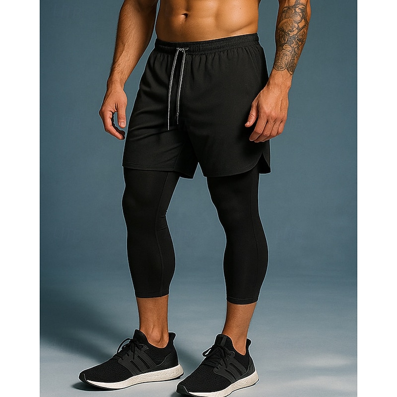 Men's Compression Pants Running Tights 2 in 1 High Waist Bottoms Athleisure Gym Workout Fall Quick Dry Breathable Gym Basketball Workout Regular Fit Sportswear Activewear Solid Colored Black White3