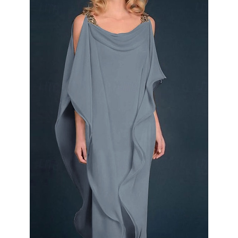 Beach Wedding Sheath Mother of the Bride Dress Wedding Guest Elegant Plus Size Jewel Neck Floor Length Chiffon Half Sleeve with Beading Cascading Ruffles4