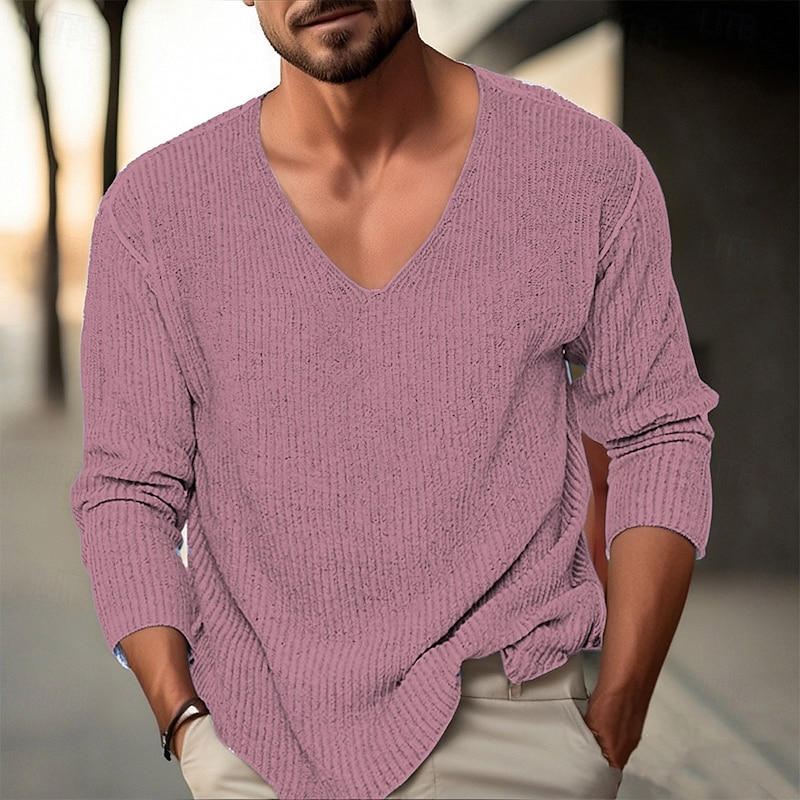 Men's Pullover Sweater Jumper Knit Sweater Ribbed Knit Regular Tops Knitted Plain V Neck Fashion Basic Vacation Daily Wear Clothing Apparel Fall Winter Black Pink M L XL3
