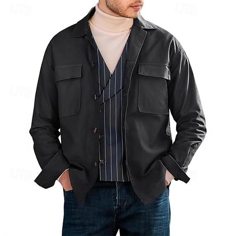 Men's Lightweight Jacket Shirt Jacket Casual Jacket Shacket Vacation Daily Breathable Pocket Spring Fall Plain Fashion Classic Lapel Regular Black White Khaki Army Green Gray Jacket2
