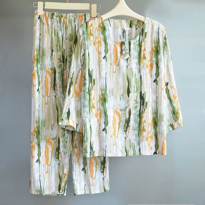 Women's Pajamas Fashion Basic Comfort Stripe Elastic Waist Shirt Pant Home Daily Bed Long Sleeve Crew Neck Light Green Red Blue Orange Green Spring