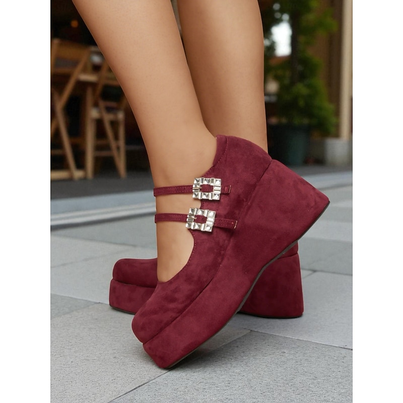 Women's Burgundy Platform Mary Jane Wedge Shoes with Crystal Buckle - Retro Chic Suede Round Toe Heels for Urban Outfits,Daily Wear and Holiday Looks3