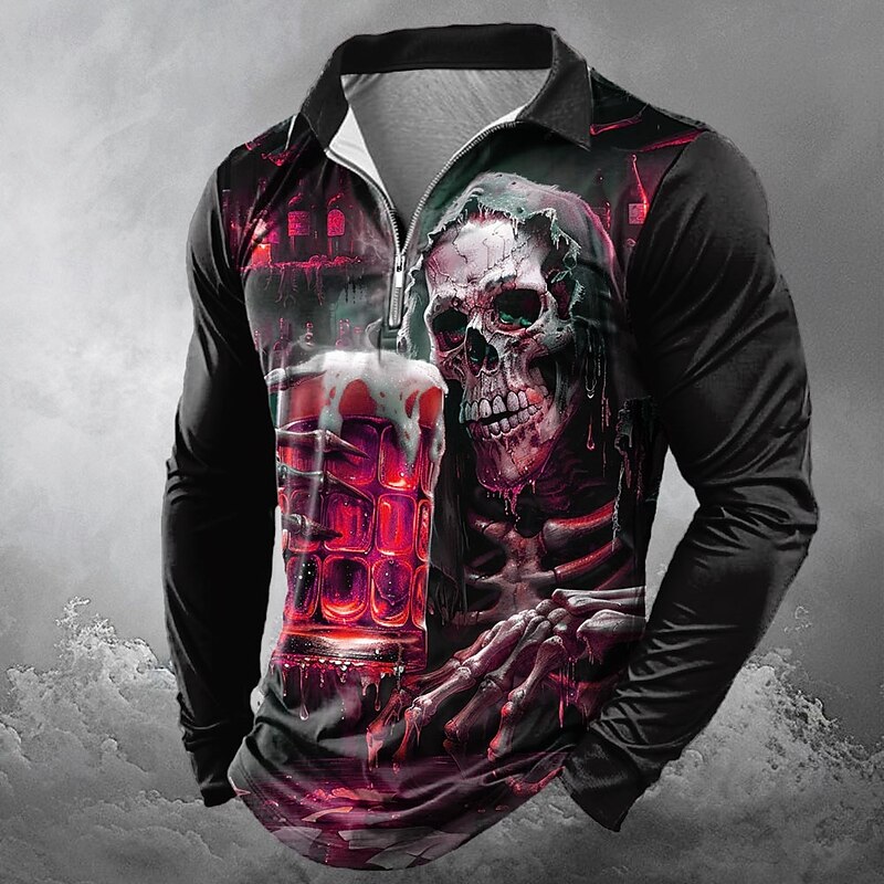 Day of the Dead Men's Skull Oktoberfest Beer Zip Polo Shirts Long Sleeve Polo Shirts Lapel Casual Horror Dark Outdoor Festival Outfit 3D Print Spring Fall Winter Black Red Blue4