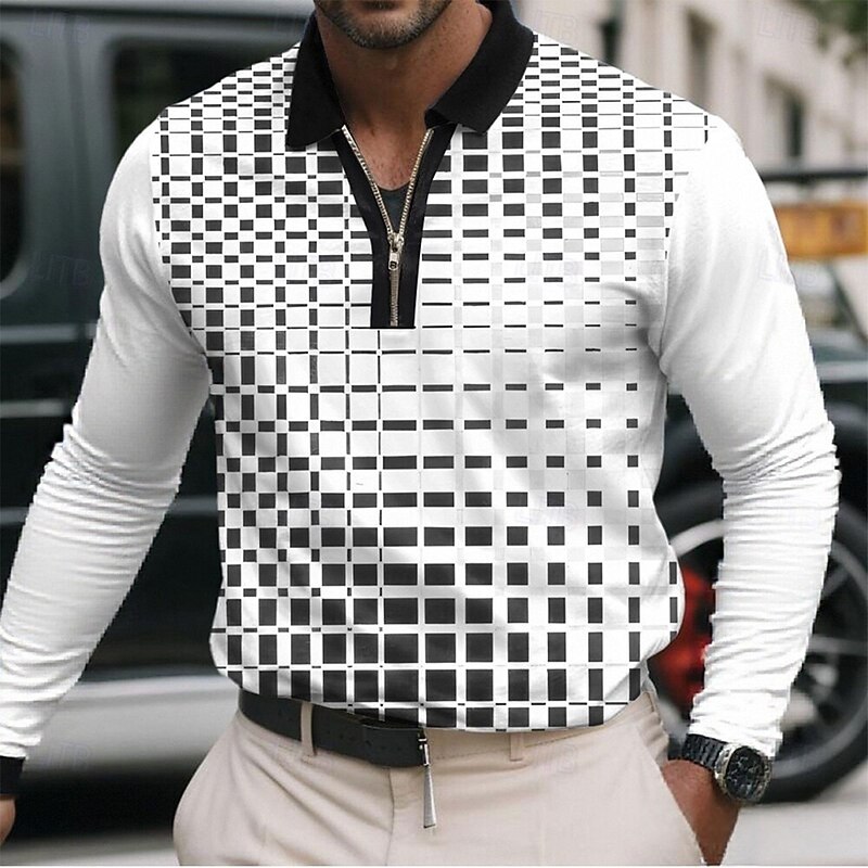 Men's Geometric Pattern Polo Long Sleeve Turndown Modern Casual Sports & Outdoor Athleisure Casual Daily Zipper 3D Print Spring Fall Winter dark brown Light Brown White2