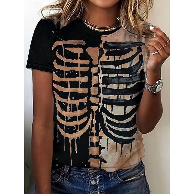 Halloween Women's T Shirt Skulls Graphic Skeleton Vintage Stylish Classic Short Sleeve Crew Neck Regular Tops Daily Weekend Print Black Fall Winter