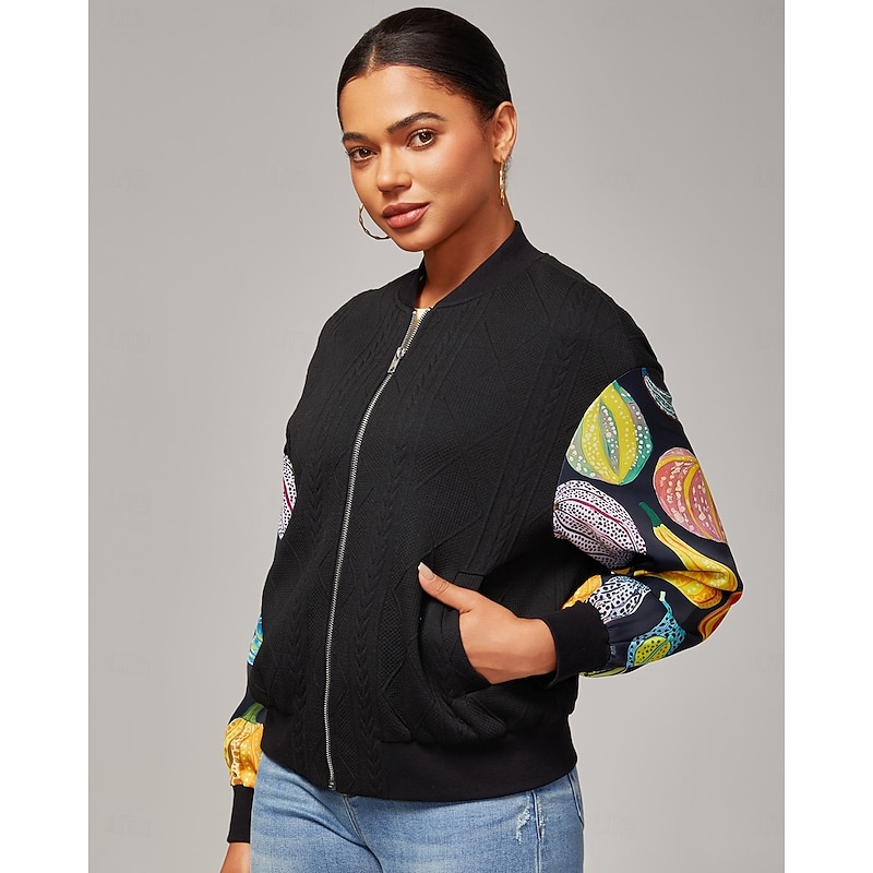 Women's Bomber Jacket Casual Street Patchwork Pumpkin Print Micro - elastic Textured Fabric Black Polyester Elastane