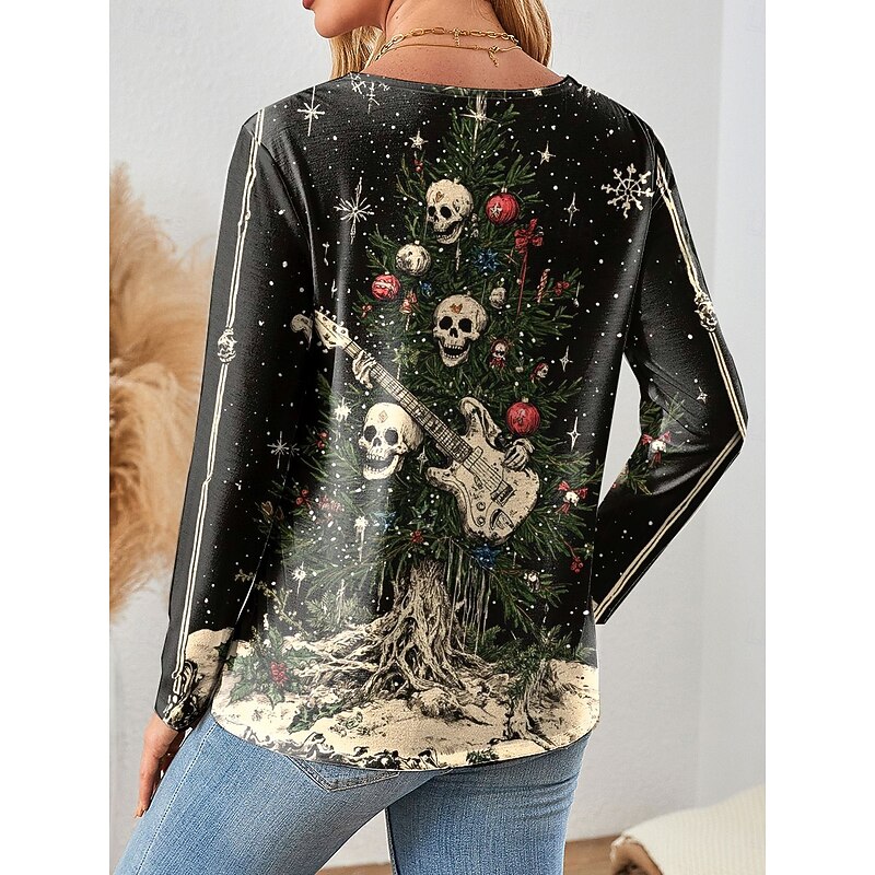 Christmas Women's T Shirt Graphic  Tree Vintage Fashion Stylish Long Sleeve Crew Neck Regular Tops Daily Print Pink Blue Green Beige Fall Winter2