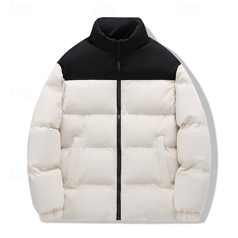 Men's Puffer Jacket Casual Jacket Padded Outdoor Vacation Warm Zipper Pocket Fall Winter Plain Fashion Streetwear Standing Collar Regular Black Sky Blue Army Green Beige Jacket