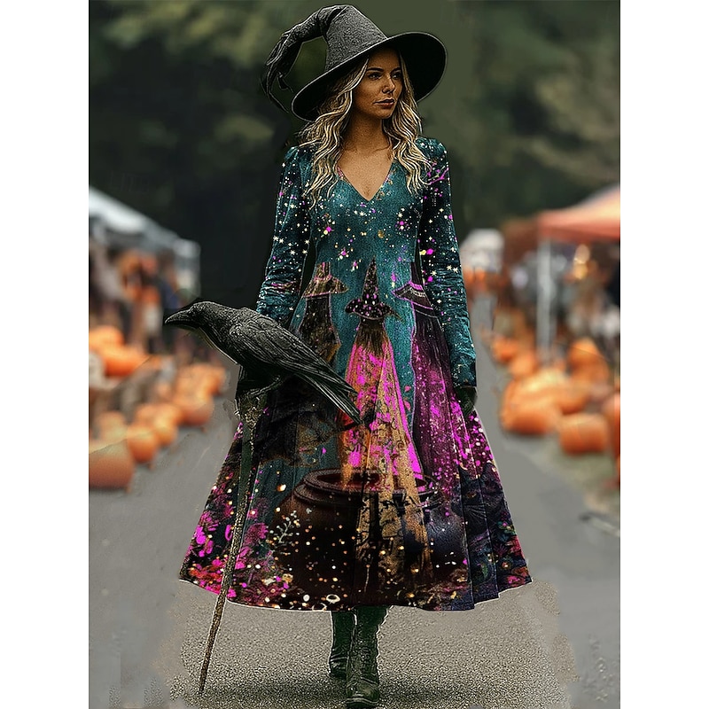 Halloween Women's Witch Print Maxi Dress A Line Dress Vacation Casual Boho Beach Regular Fit Floral Graphic Hocus Pocus Long Sleeve V Neck Yellow Dark Green Purple Orange Spring Fall3