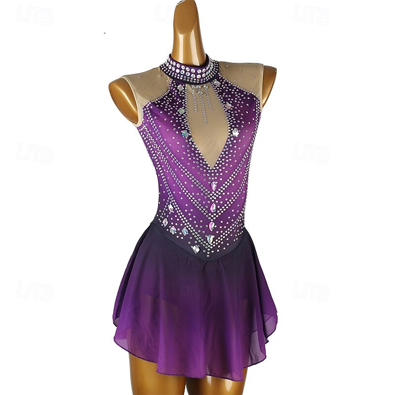 Figure Skating Dress Women's Girls' Ice Skating Dress Purple Blue Black Patchwork Open Back Mesh Spandex High Elasticity Training Practice Professional Skating Wear Classic Crystal / Rhinestone2