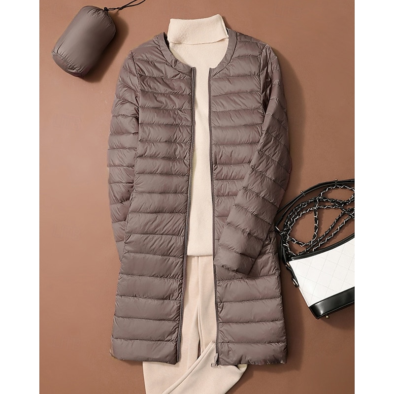 Women's Down Jacket Coat Warm Comfortable Zipper Pocket Fashion Plain Daily Wear Going out Casual Daily Weekend Zipper Long Crewneck Regular Fit Long Sleeve Outerwear Silver Purple Khaki Fall Winter4