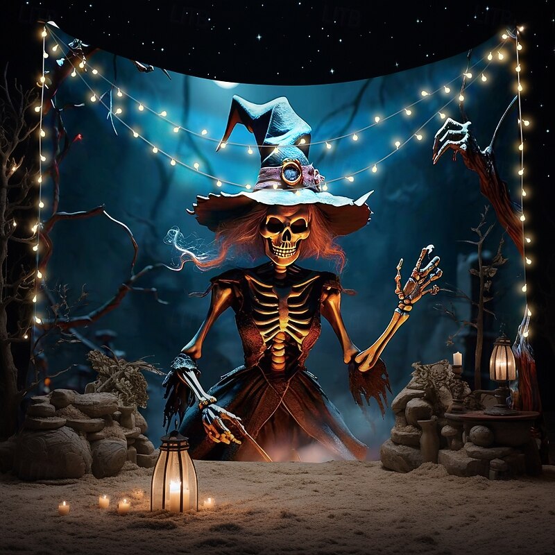 Halloween Tapestry Banners Wall Hangings Skeleton Witch Dark Punk Gothic Style Party Dorm Shooting Backgrounds Home Decor2