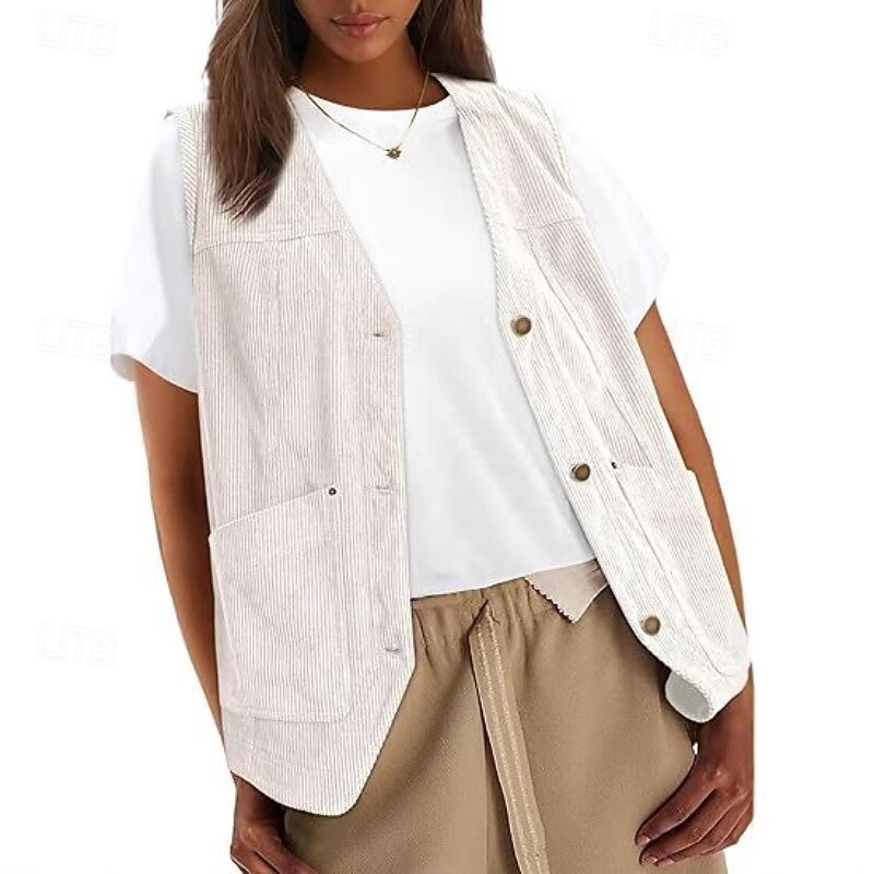 Women's Vest Comfortable Pocket Buttons Casual Plain Casual Daily Weekend Single Breasted Regular V Neck Regular Fit Sleeveless Outerwear Navy Black White Fall3