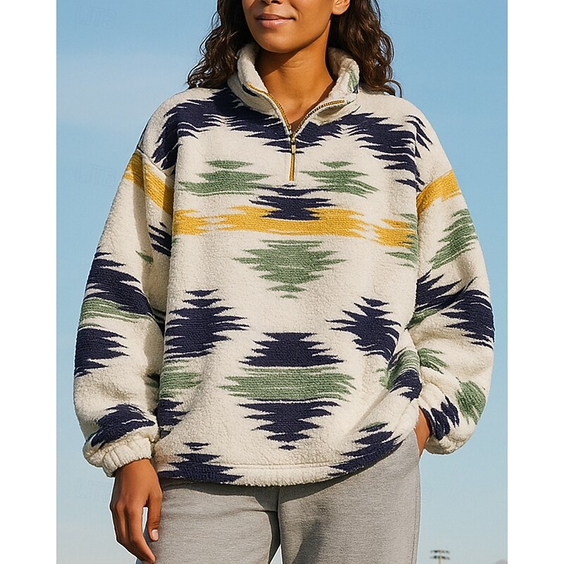 Women's Fleece Sweatshirt Casual Tops Boho Quarter Zipper Long Sleeve Top Athleisure Fall Patchwork Fashion Warm Outdoor Travel Sportswear Activewear Yellow Red4