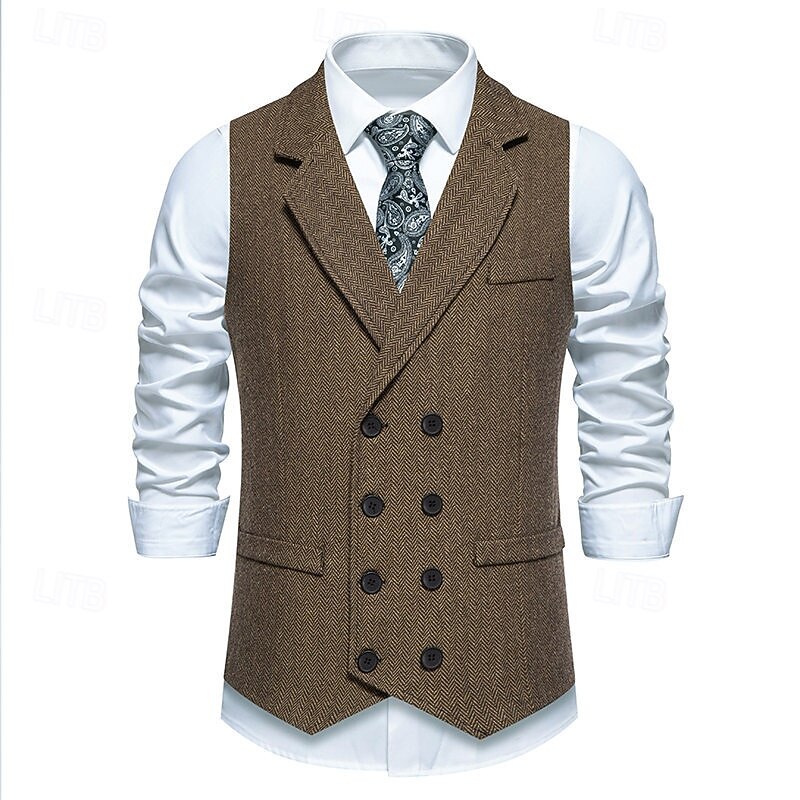 Men's Vest Tweed Vest Waistcoat Vacation Daily Wedding Party Date Vintage Fashion Spring Fall Pocket Buttons Polyester Comfortable Plain Herringbone Double Breasted Notch lapel collar Regular Fit4