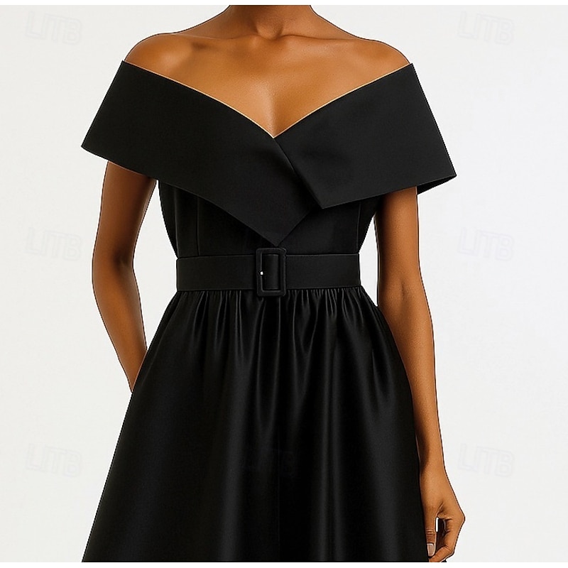 Red Black A-Line Evening Gown Elegant Dress Formal Wedding Floor Length Short Sleeve Lapel Satin with Pleats 20254